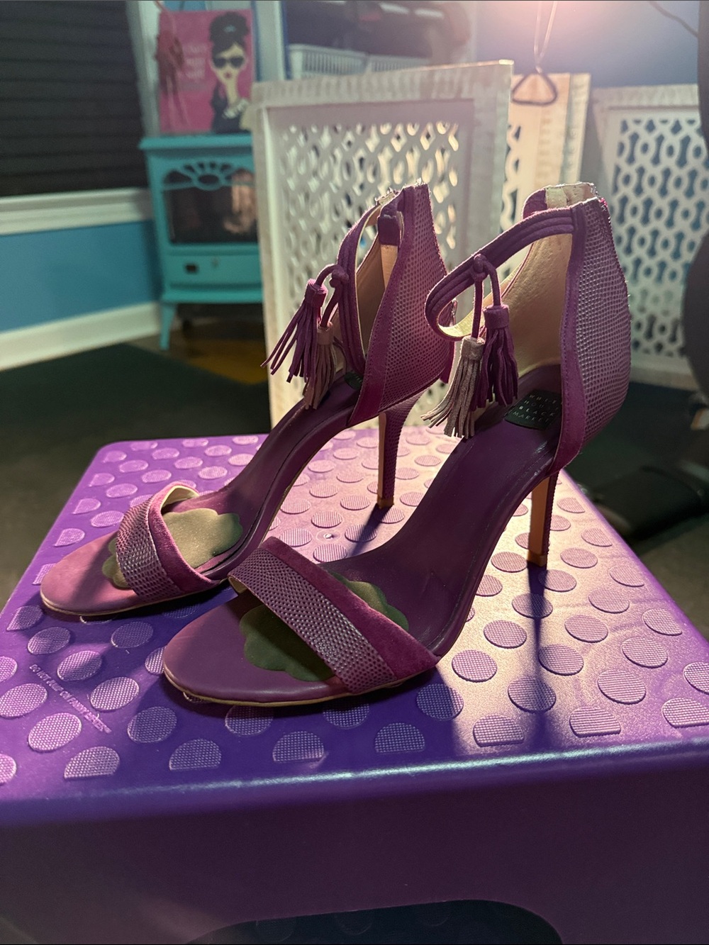 White House Black Market Purple Tassel Ankle-Strap Stiletto Sandals